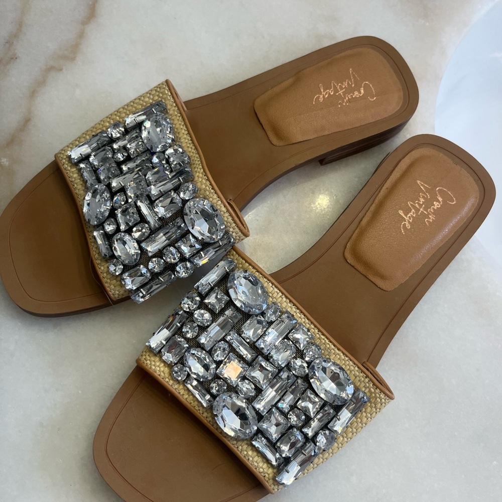 Crown Vintage Tan Sandals with Crystal Accents
